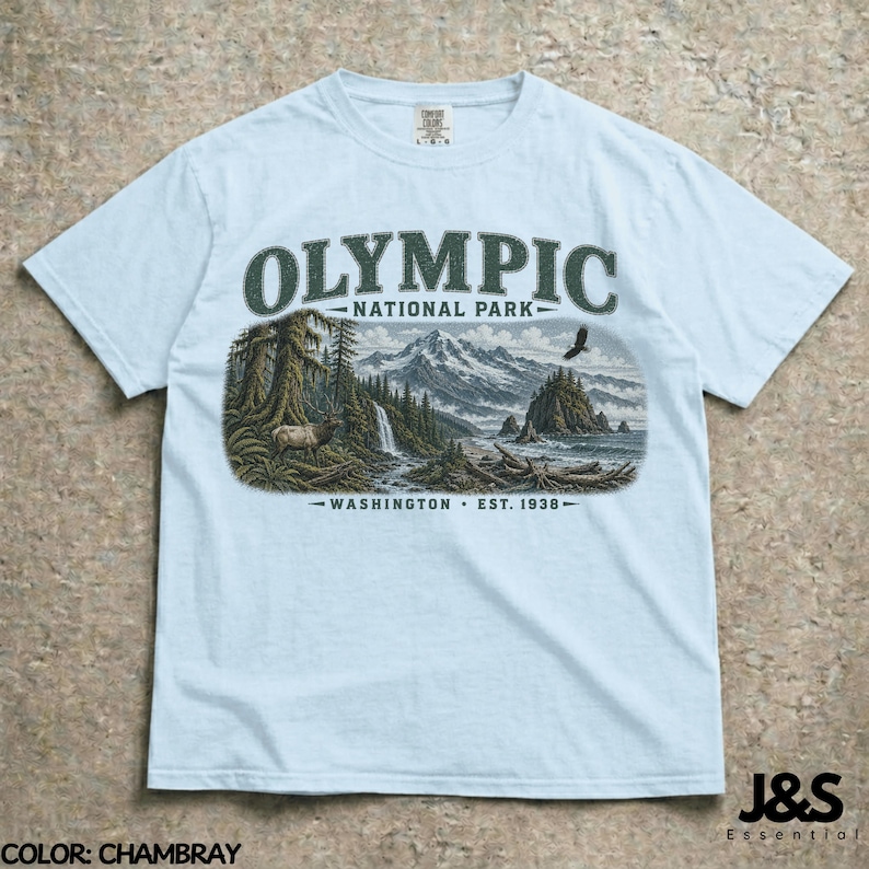 Camiseta del Parque Nacional Olímpico, camiseta de montaña costera de Washington, camiseta vintage de senderismo en la naturaleza, regalo de aventura del noroeste del Pacífico Chambray
