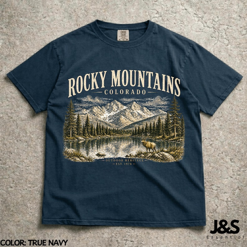 Vintage Rocky Mountains Colorado Shirt, Retro 90er Jahre Outdoor Erbe Grafik-T-Shirt, künstlerisches Elk-Natur-Top, Comfort Colors® Wandergeschenk True Navy