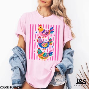 Colorful Chicken Tshirt, Floral Folk Art Hen Shirt, Cute Farm Animal Graphic Tee, Whimsical Comfort Colors Chicken Lover Gift Blossom