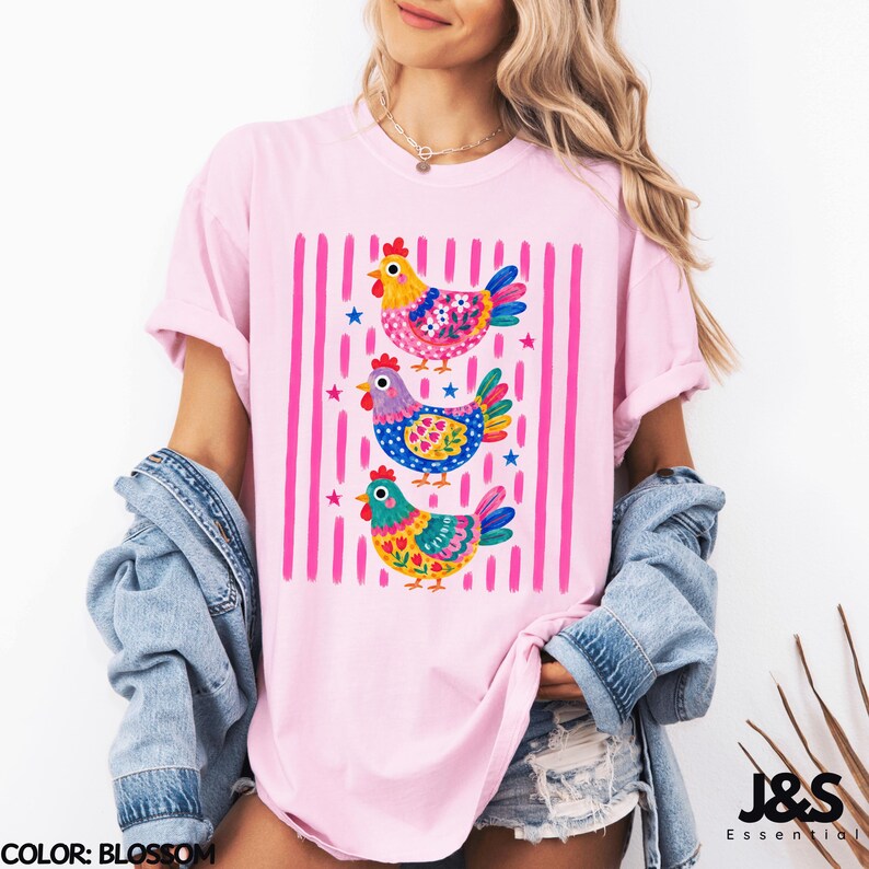 Colorful Chicken Tshirt, Floral Folk Art Hen Shirt, Cute Farm Animal Graphic Tee, Whimsical Comfort Colors Chicken Lover Gift Blossom
