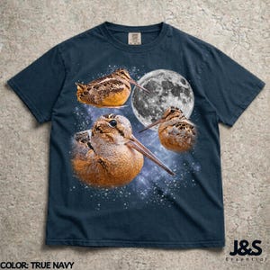 Three Meep Bird American Woodcock Moon Shirt, Vintage Timberdoodle Galaxy Tee, Retro Cosmic Woodcock Graphic Top, Birder Gift, True Navy