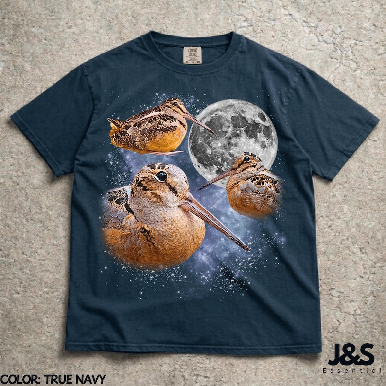 Three Meep Bird American Woodcock Moon Shirt, Vintage Timberdoodle Galaxy Tee, Retro Cosmic Woodcock Graphic Top, Birder Gift, True Navy