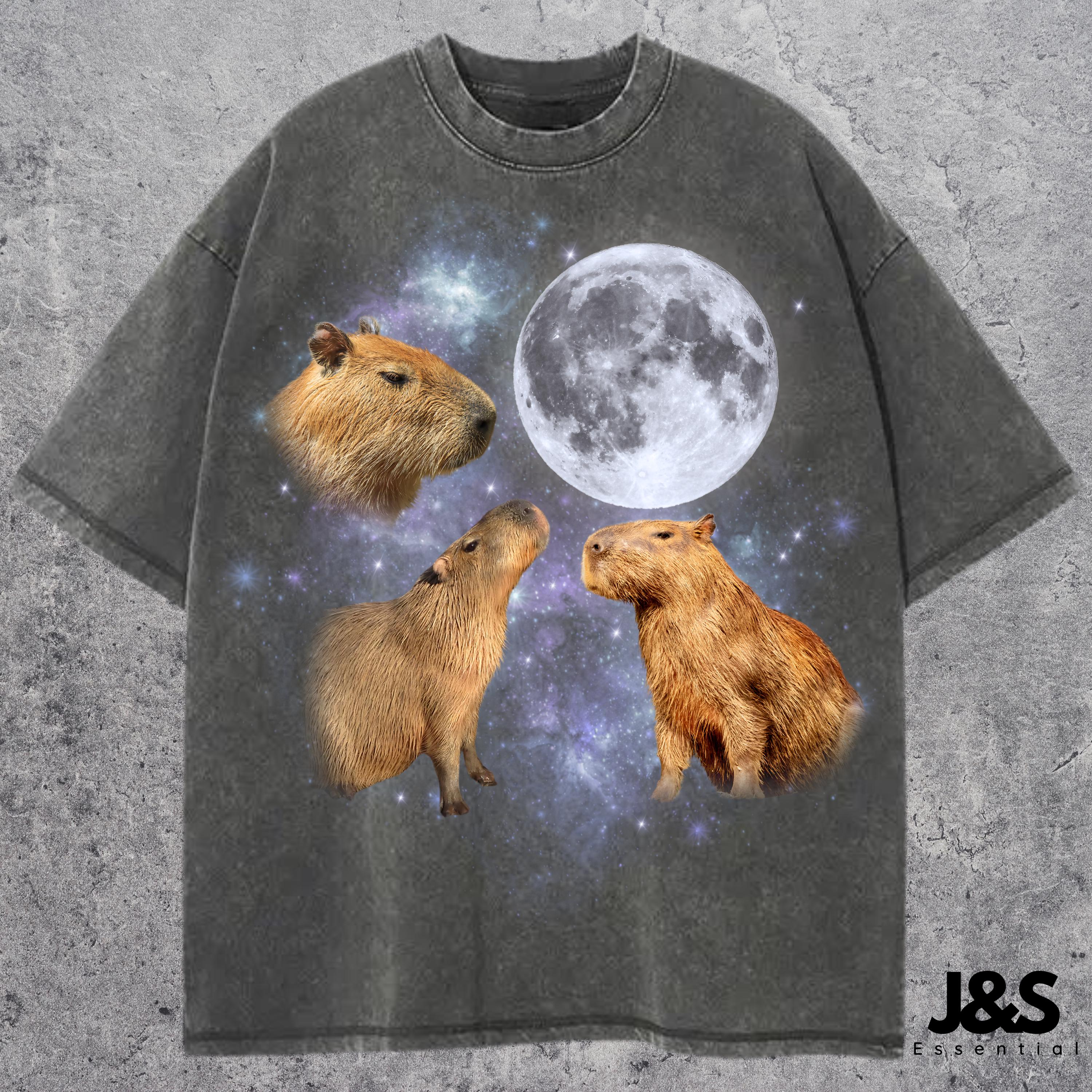 Three Capybara Vintage Graphic T-shirt, Retro Capybara Moon Tshirt, Capybara Lovers, Funny Capybara Tee, Oversized Washed Tee, Capybara Gift