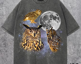 Three Eagle Owl Retro Graphic T-shirts, Vintage Owl Moon Tshirt, Funny Bird Tee, Oversized Washed Top, Nature Lover Gift, Nocturnal Owls