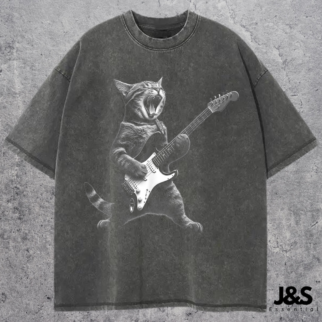 Rock Cat Playing Guitar Vintage Shirt, Retro Funny Guitar Cat T-shirt ...
