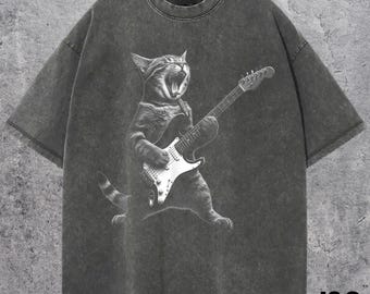 Rock Cat Playing Guitar Vintage Shirt, Retro Funny Guitar Cat T-Shirt, Cat Lovers, Rock Lovers Gift, Funny Gift, Rocker Oversized Shirt