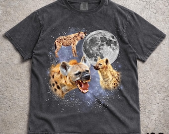 Three Spotted Hyena Retro Graphic T-shirt, Vintage Hyena Moon
