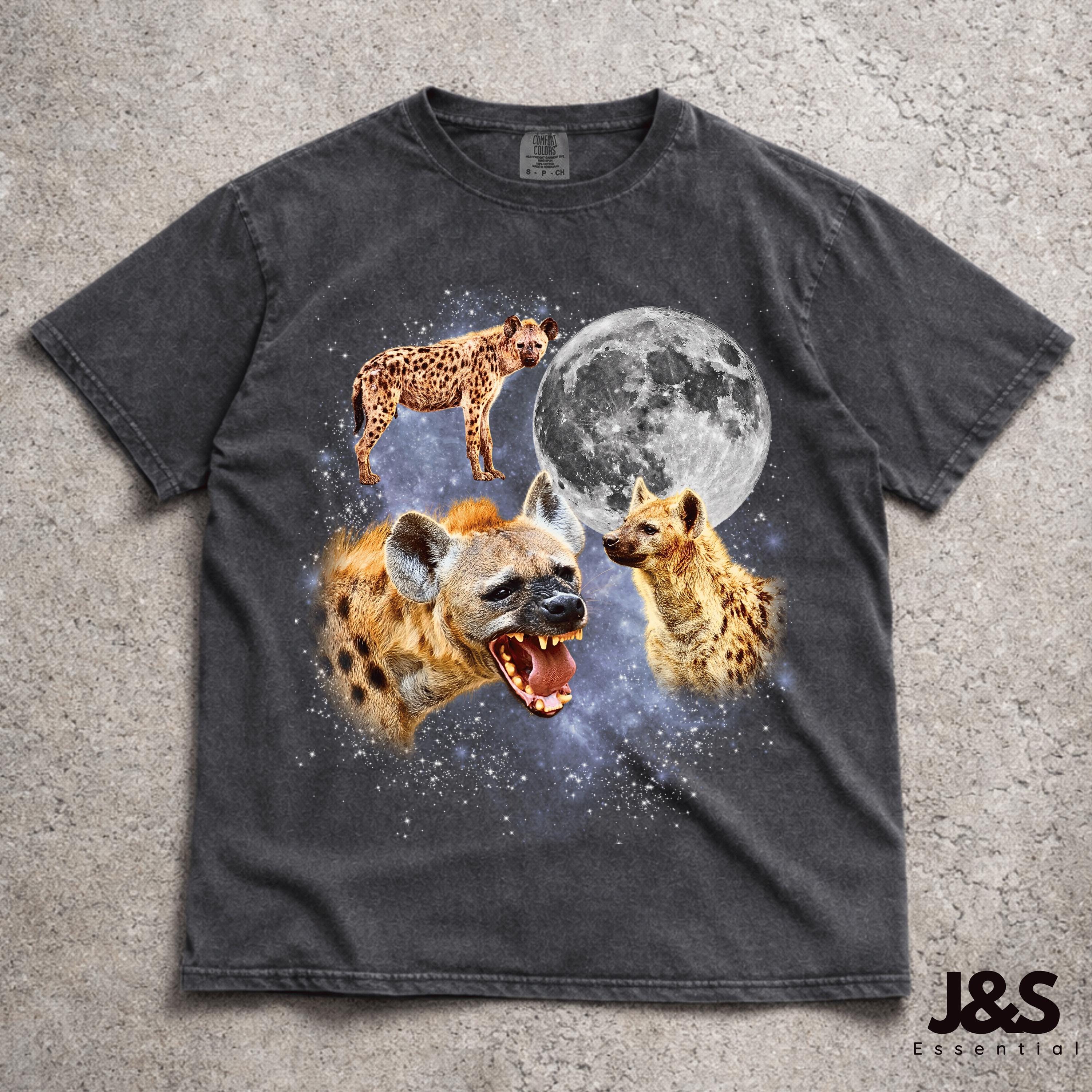 Three Spotted Hyena Retro Graphic T-shirt, Vintage Hyena Moon