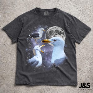 Drie zeemeeuw retro grafisch T-shirt, vintage vogel maan T-shirt, grappig meeuw shirt, Ocean Wildlife grafisch T-shirt, uniek cadeau zeevogelliefhebber
