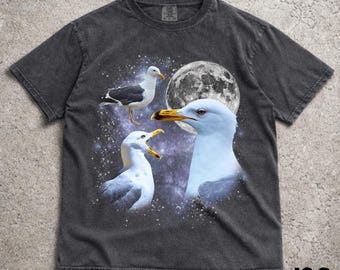 3羽のカモメのレトログラフィックTシャツ、ヴィンテージバードムーンTシャツ、面白いカモメシャツ、海の野生生物グラフィックTシャツ、ユニークな海鳥愛好家へのギフト