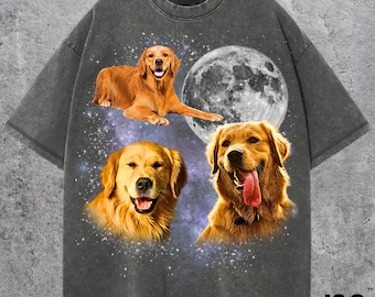 Camisetas com estampa retrô de três Golden Retrievers, camiseta vintage com lua de Golden Retriever, camiseta de Golden Retriever, camiseta engraçada, camiseta grande para cachorro