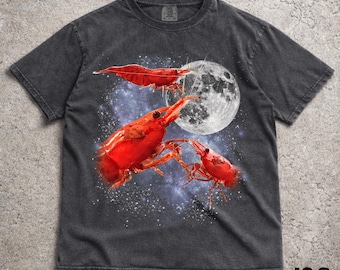 Three Cherry Shrimp Moon Shirt, Neocaridina Galaxy Tee, Aquarium Hobbyist Gift, Vintage Wash Retro Shrimp Top, Aquatic Pet Lover Graphic