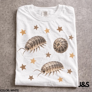 Könnte beinhalten: Weißes T-Shirt mit einem Design aus braunen Kellerasseln und goldenen Sternen. Das Shirt hat einen Rundhalsausschnitt und der Text "COMFORT COLORS" ist am Kragen sichtbar. Die Marke "J&S Essential" ist unten rechts aufgedruckt.