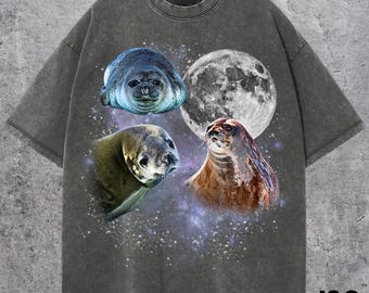 Three Weddell Seal Retro Graphic T-shirts, Vintage Seal Moon Tee, Funny Marine Life Shirt, Ocean Lovers Gift, Oversized Animal Top