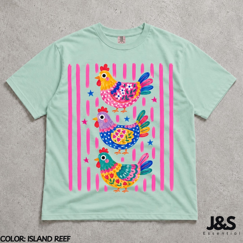 Colorful Chicken Tshirt, Floral Folk Art Hen Shirt, Cute Farm Animal Graphic Tee, Whimsical Comfort Colors Chicken Lover Gift Island Reef