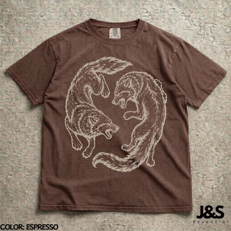 Vintage Wolf Shirt, Japanese Wolf Tee, Red Wolf Graphic Tee, Retro Tattoo Style Shirt, Minimalist Streetwear Tshirt Espresso