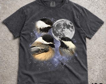 Three Black-Capped Chickadee Moon Shirt, Funny 90s Vintage Aesthetic Graphic Tee, Retro Comfort Colors® Bird Top, Ironic Wolf Moon Parody