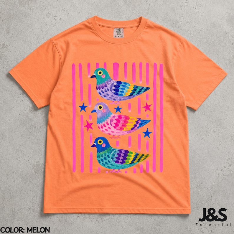 Camiseta de paloma colorida, camiseta con estampado de pájaro adorable, camiseta estilo cottagecore original, regalo divertido para amantes de las palomas, camiseta colorida con arte animal para mujer Melon