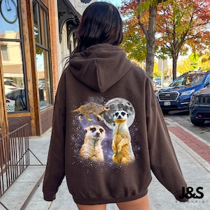 Three Meerkat Moon Hoodie, Funny Galaxy Meerkat Sweatshirt, Cozy