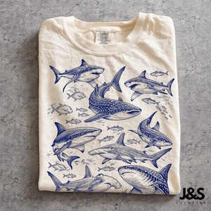 Shark 90s Vintage Tattoo Style Graphic Tshirt, Retro Comfort Colors® Y2k Whale Shark Great White Wildlife Unisex Shirt, Ocean Lover Gift Ivory