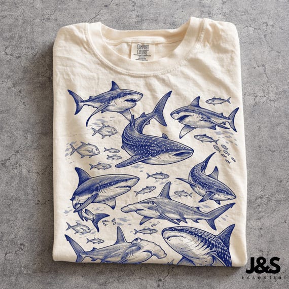 Shark 90s Vintage Tattoo Style Graphic Tshirt, Retro Comfort Colors® Y2k Whale Shark Great White Wildlife Unisex Shirt, Ocean Lover Gift