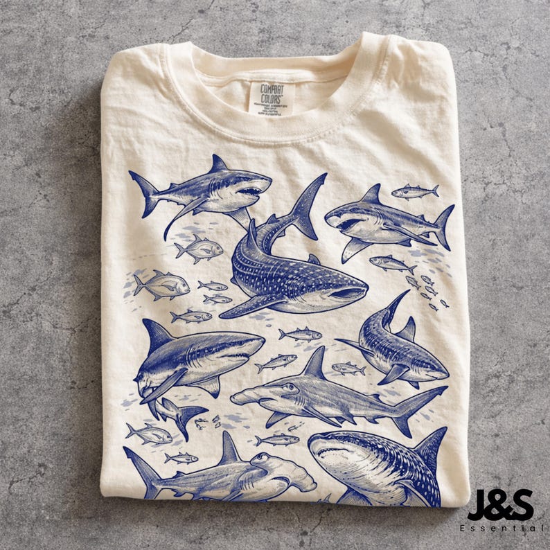 Shark 90s Vintage Tattoo Style Graphic Tshirt, Retro Comfort Colors® Y2k Whale Shark Great White Wildlife Unisex Shirt, Ocean Lover Gift Ivory