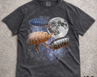 Three Isopod Moon Shirt, Funny 90s Vintage Aesthetic Graphic Tee, Retro Pill Bug Woodlouse Top, Ironic Wolf Moon Parody Gift, Roly Poly