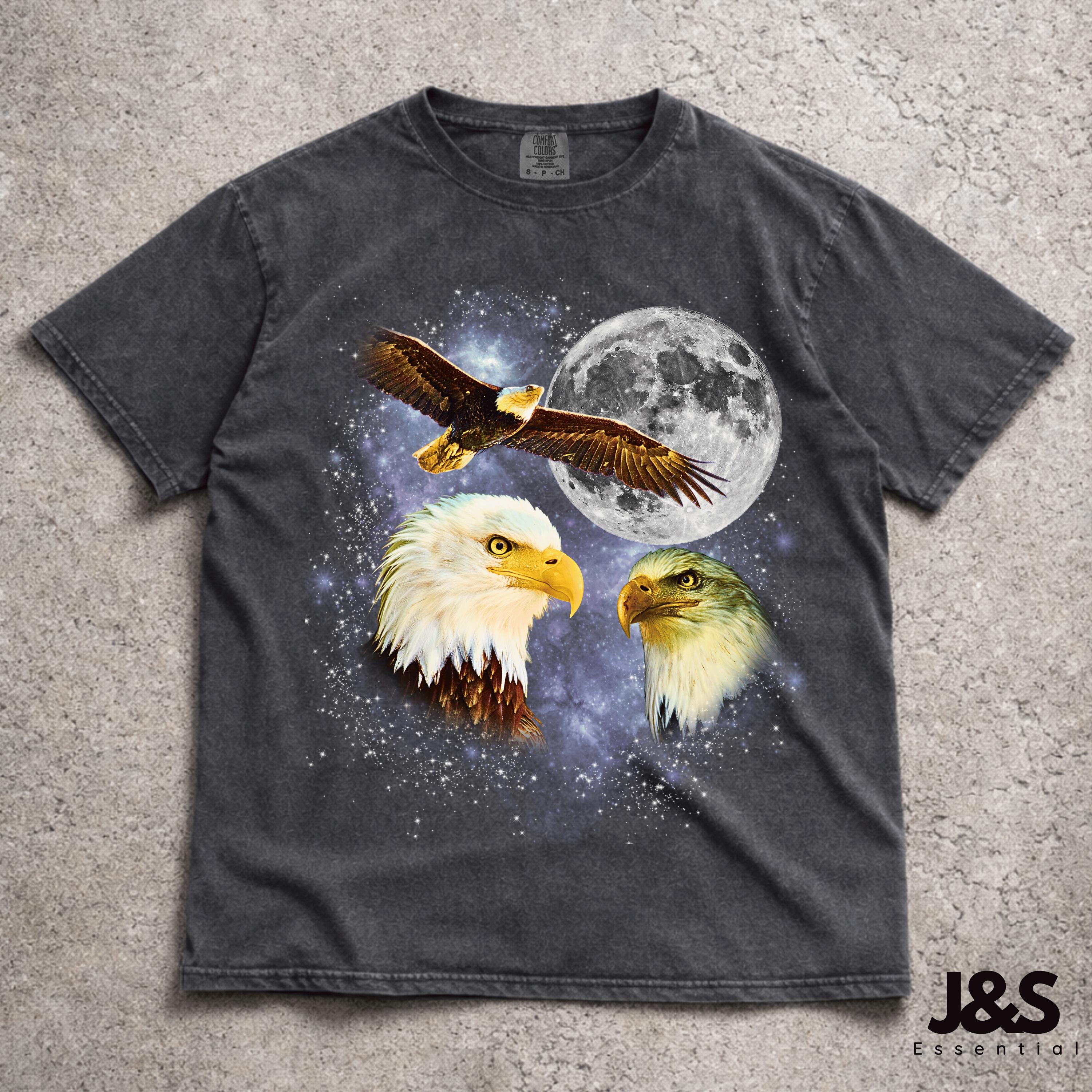 Three Eagles Retro Graphic T-shirts, Vintage Bald Eagle Moon