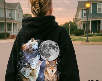 Three Wolf Moon Hoodie, Howling Wolf Sweatshirt, Animal Lover Gift, Cozy Unisex Pullover, Celestial Moon Phase Hoodie, Cool Wolf Graphic