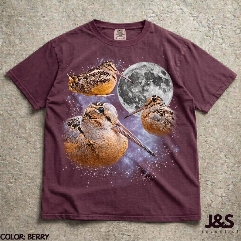 Three Meep Bird American Woodcock Moon Shirt, Vintage Timberdoodle Galaxy Tee, Retro Cosmic Woodcock Graphic Top, Birder Gift, Berry