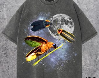 Retro grafisch T-shirt drie Firefly, vintage Bug Moon-shirt, oversized Glow Insect-T-shirt, grappige natuurtop, entomologiecadeau voor hem haar