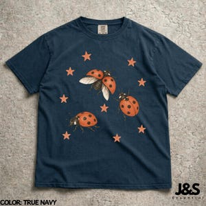Vintage 90s Ladybug Shirt, Retro Star Graphic Tee, Ladybird Aesthetic Top, Comfort Colors® Nature Lover Gift, Artistic Y2K Cottagecore Bug True Navy