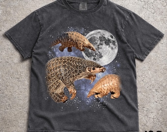May include: A charcoal gray short-sleeve t-shirt featuring a graphic print of three pangolins in various poses against a backdrop of a large, detailed full moon and a starry night sky. The shirt has a crew neckline and a faded, vintage-style finish.