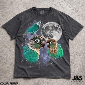 Three Turquoise Conure Moon Tshirt, Vintage 90s Parrot Graphic Tee, Comfort Colors Bird Lover Gift, Celestial Pet Bird Shirt