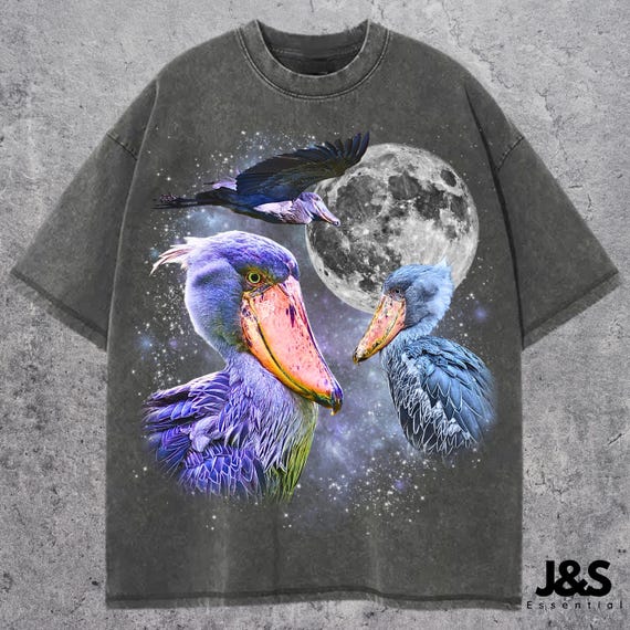 Three Shoebill Stork Graphic Tshirt, Vintage Bird Moon Tshirt, Funny Shoebill Shirt, Oversized Animal Tee, Exotic Bird Tshirt Gift