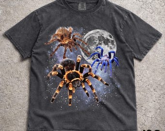 Three Tarantula Retro Graphic T-Shirt, Vintage Spider Moon Shirt, Oversized Bug Tee, Funny Arachnid Top, Entomology Gift for Him Her