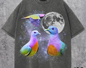 Three Pink Necked Green Pigeon Retro Graphic Tshirts, Vintage Bird Moon Shirt, Funny Exotic Pigeon Tee, Oversized Wildlife Gift