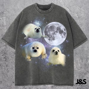 赤ちゃんアザラシのビンテージグラフィックTシャツ3枚、レトロなシードッグムーンTシャツ、アザラシ愛好家、かわいいシードッグTシャツ、ゆったりとしたウォッシュ加工のユニセックス大人用Tシャツ