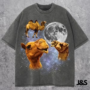 Tre kameler retro t-shirt, rolig måneökendjur grafisk t-shirt, himmelskt djurliv topp, unik dromedarälskare gåva