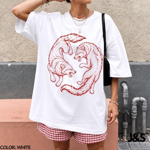 Vintage Wolf Shirt, Japanese Wolf Tee, Red Wolf Graphic Tee, Retro Tattoo Style Shirt, Minimalist Streetwear Tshirt White