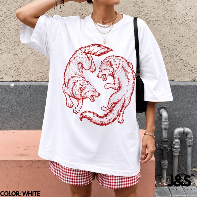 Vintage Wolf Shirt, Japanese Wolf Tee, Red Wolf Graphic Tee, Retro Tattoo Style Shirt, Minimalist Streetwear Tshirt White