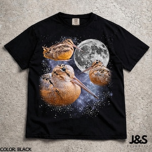 Three Meep Bird American Woodcock Moon Shirt, Vintage Timberdoodle Galaxy Tee, Retro Cosmic Woodcock Graphic Top, Birder Gift, Black