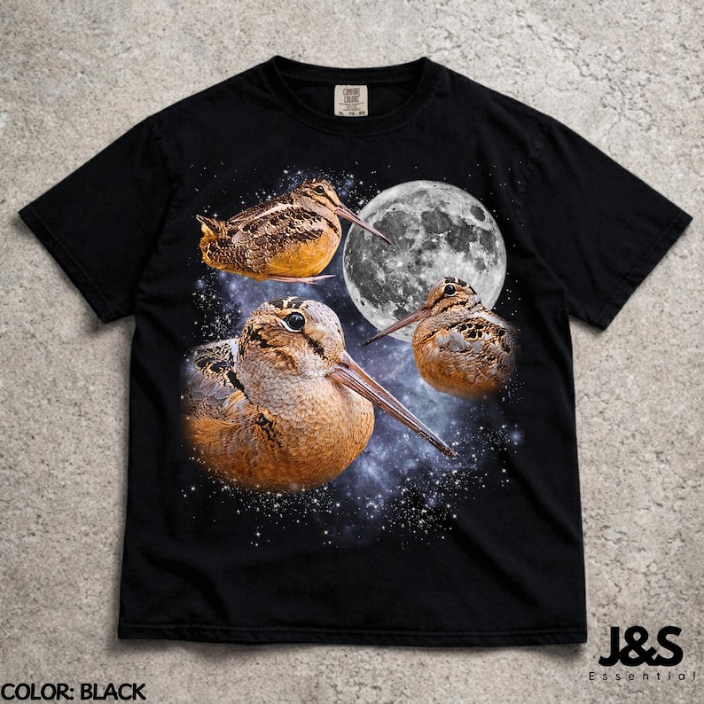 Three Meep Bird American Woodcock Moon Shirt, Vintage Timberdoodle Galaxy Tee, Retro Cosmic Woodcock Graphic Top, Birder Gift, Black