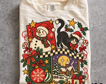 Vintage 90s Christmas Tshirt, Retro Black Cat Snowman Tee, Cozy Holiday Graphic Shirt, Festive Winter Wonderland Comfort Colors® Top