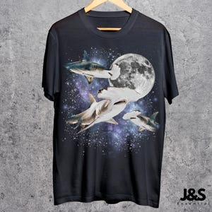 Tres camisetas retro con estampado de tiburón martillo, camiseta vintage de tiburón y luna, camiseta de tiburón martillo, camiseta divertida, camiseta lavada extragrande, camiseta de tiburón Black