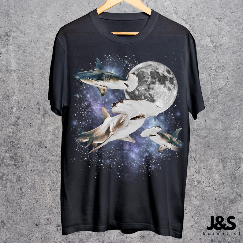 Tres camisetas retro con estampado de tiburón martillo, camiseta vintage de tiburón y luna, camiseta de tiburón martillo, camiseta divertida, camiseta lavada extragrande, camiseta de tiburón Black