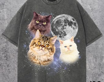Pode incluir: T-shirt cinza escuro com um gráfico de três gatos e uma lua cheia em um fundo estrelado. Os gatos são marrons, brancos e cinzas, com olhos amarelos e azuis. A camisa tem gola redonda e mangas curtas.
