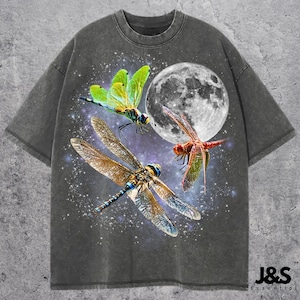 Three Dragonfly Retro Graphic T-shirts, Vintage Dragonfly Moon Tshirt, Dragonflies Shirt, Funny Tee, Oversized Washed Tee, Insect Shirt