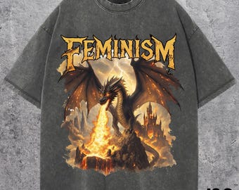 Camiseta gráfica vintage de fantasía de dragón feminista, camiseta retro de dragón, camiseta feminista, regalos divertidos, camiseta gótica de dragón con castillo grunge de arte oscuro