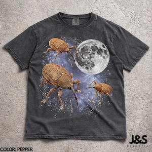 May include: A charcoal gray t-shirt featuring a graphic print of three brown weevils floating in a starry space scene alongside a large, detailed full moon. The shirt has a crew neckline, short sleeves, and a vintage-style washed fabric finish.